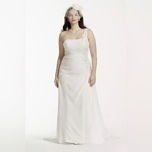 David’s Bridal One Shoulder Wedding Dress with Floral Appliques STYLE# V3398